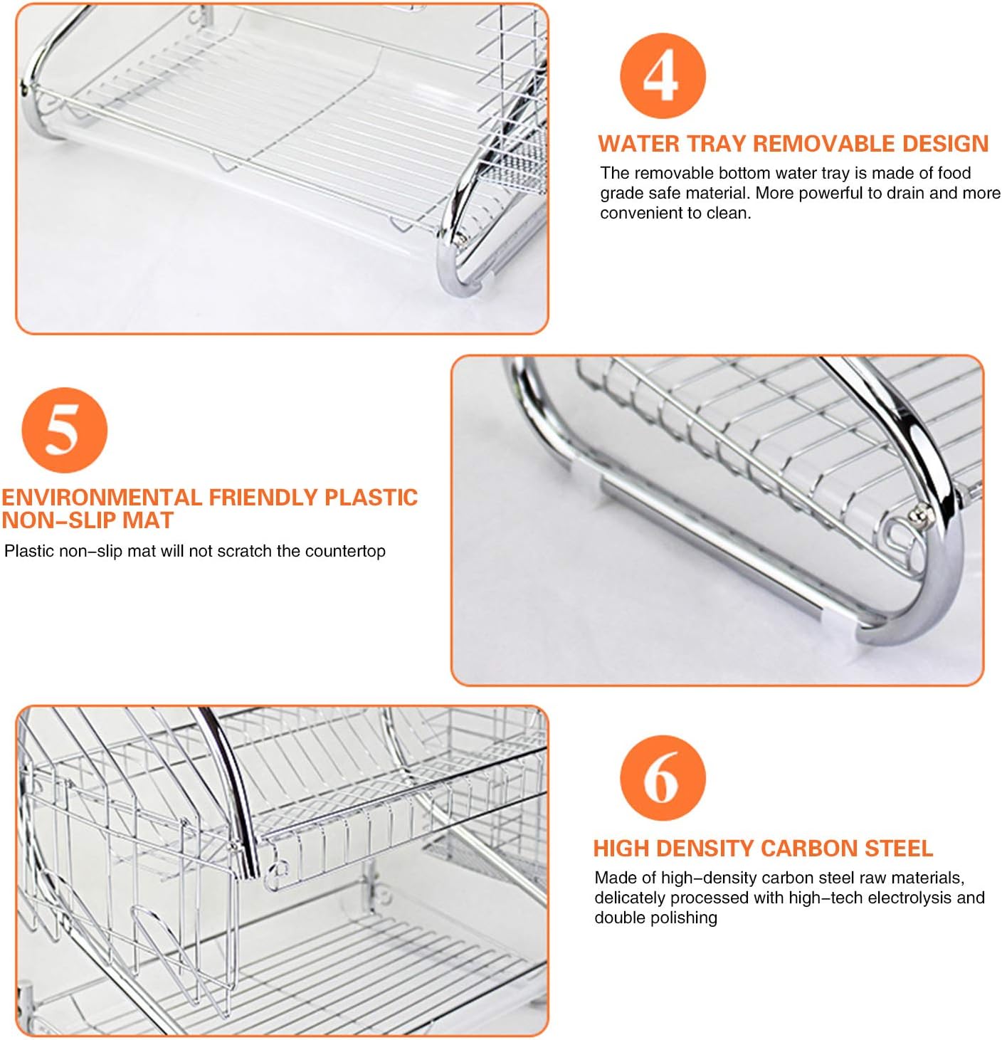 ARyee Two Tier Dish Drainer Rack Silver, Bowls Dishes Plates Cup Holder with Drip Tray, Metallic - Image 5