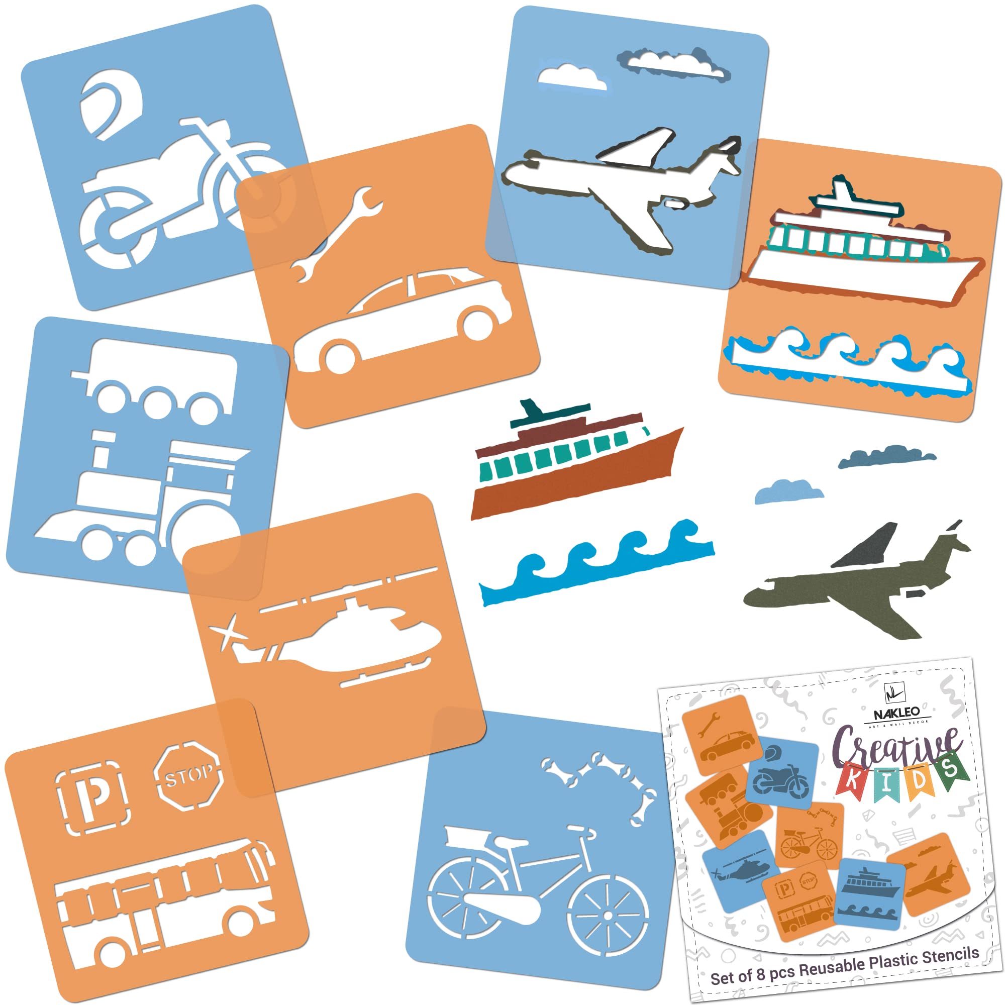 NAKLEO Painting Stencils for Kids, 8 Pcs Set 15x15cm Transport Cars, Children Creative Drawing Templates Plastic and Reusable, DIY Decoration Arts and Crafts, Paper Wall Wood Fabric