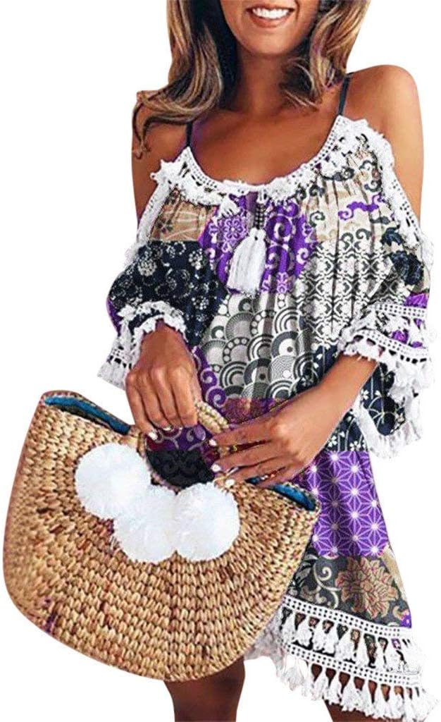 Women Off Shoulder Dress,Ladies Summer Maxi Halter Casual Loose Beach Dresses Tassel Short Cocktail Party Sundress