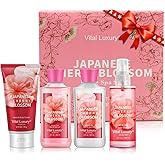 Vital Luxury Bath & Body Kit, 3 Fl Oz Travel Size, Ideal Skincare Relaxing Home Spa Set, Includes Body Lotion, Shower Gel, Body Cream, and Fragrance Mist, Bath Gifts for Her and Him (Japanese Cherry