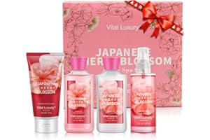 Vital Luxury Bath & Body Kit, 3 Fl Oz Travel Size, Ideal Skincare Relaxing Home Spa Set, Includes Body Lotion, Shower Gel, Body Cream, and Fragrance Mist, Bath Gifts for Her and Him (Japanese Cherry