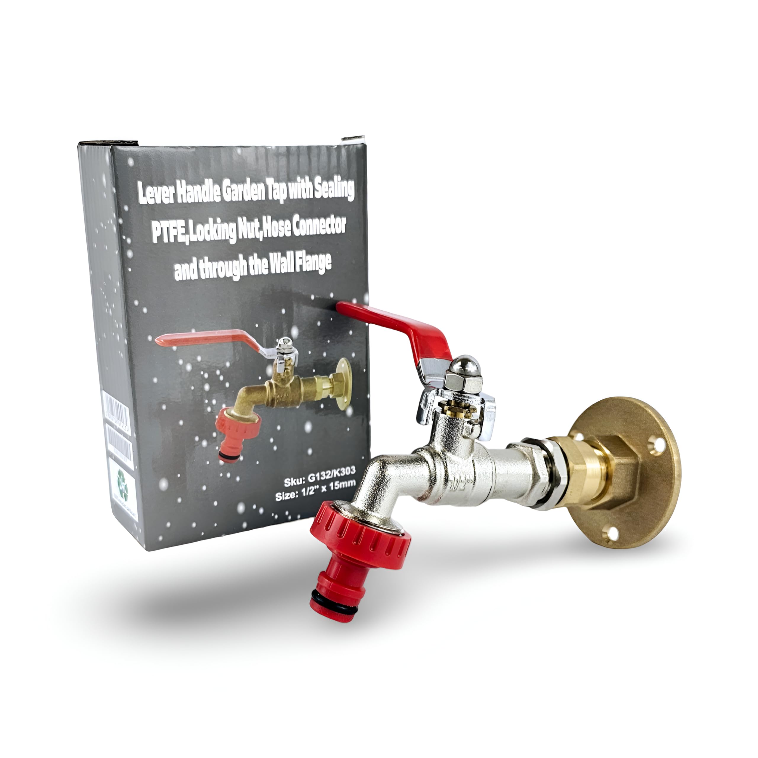 Outside 1/2 Garden Tap with Through The Wall Flange Bracket Set for 15mm Copper Or 15mm Plastic Pipe (Lever Tap)