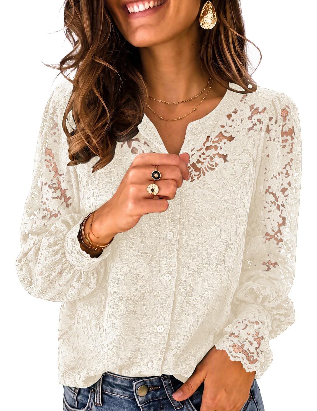 Zeagoo Long Sleeve Shirts for Women Lace Top Button Up Blouse Dressy Casual | Lace Sheer Tops,Puffy Lantern Sleeve,Embroidery