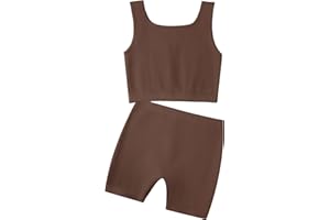 EXARUS Girl's 2 Piece Outfits Workout Set Seamless Ribbed Cropped Tank Tops and Athletic Shorts Summer Kids 6-14Y