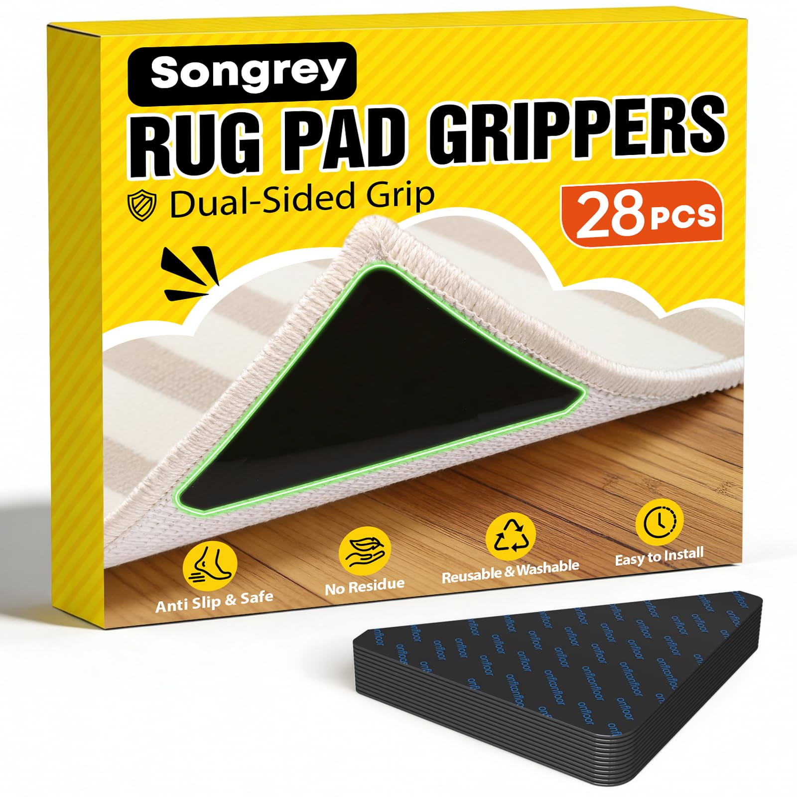 Songrey Rug Tape Rug Corner Grippers 28PCS, Reusable Double-Sided Carpet Tape to Hold Area Rugs Down, Non Slip Rug Pads Gripper for Hardwood Floors No Damage
