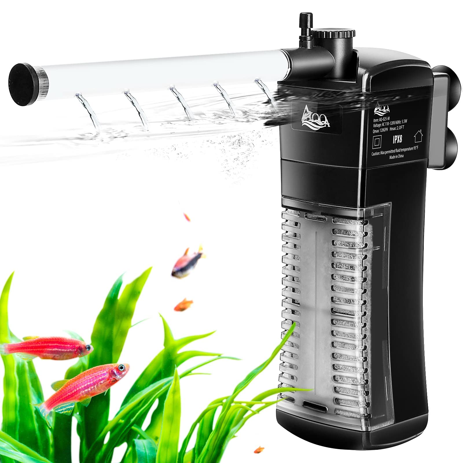 AQQA Internal Fish Tank Filter, 3 in 1 Submersible Aquarium Filter Pump with Adjustable Water Flow,Ultra Silent Biochemical Filtration Powerful Pump for 40-75L Aquariums(M) — image 1