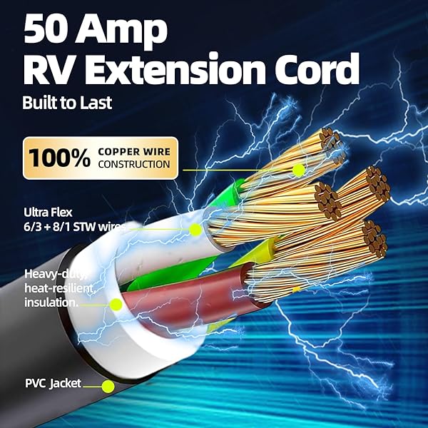30FT 50 AMP RV EXTENSION CORD, OUTDOOR HEAVY DUTY STW 6/3+8/1, NEMA 14-50P TO 14-50R (125/250V 12500W), GRIP HANDLE, CORD ORGANIZER, UL LISTED（BLACK