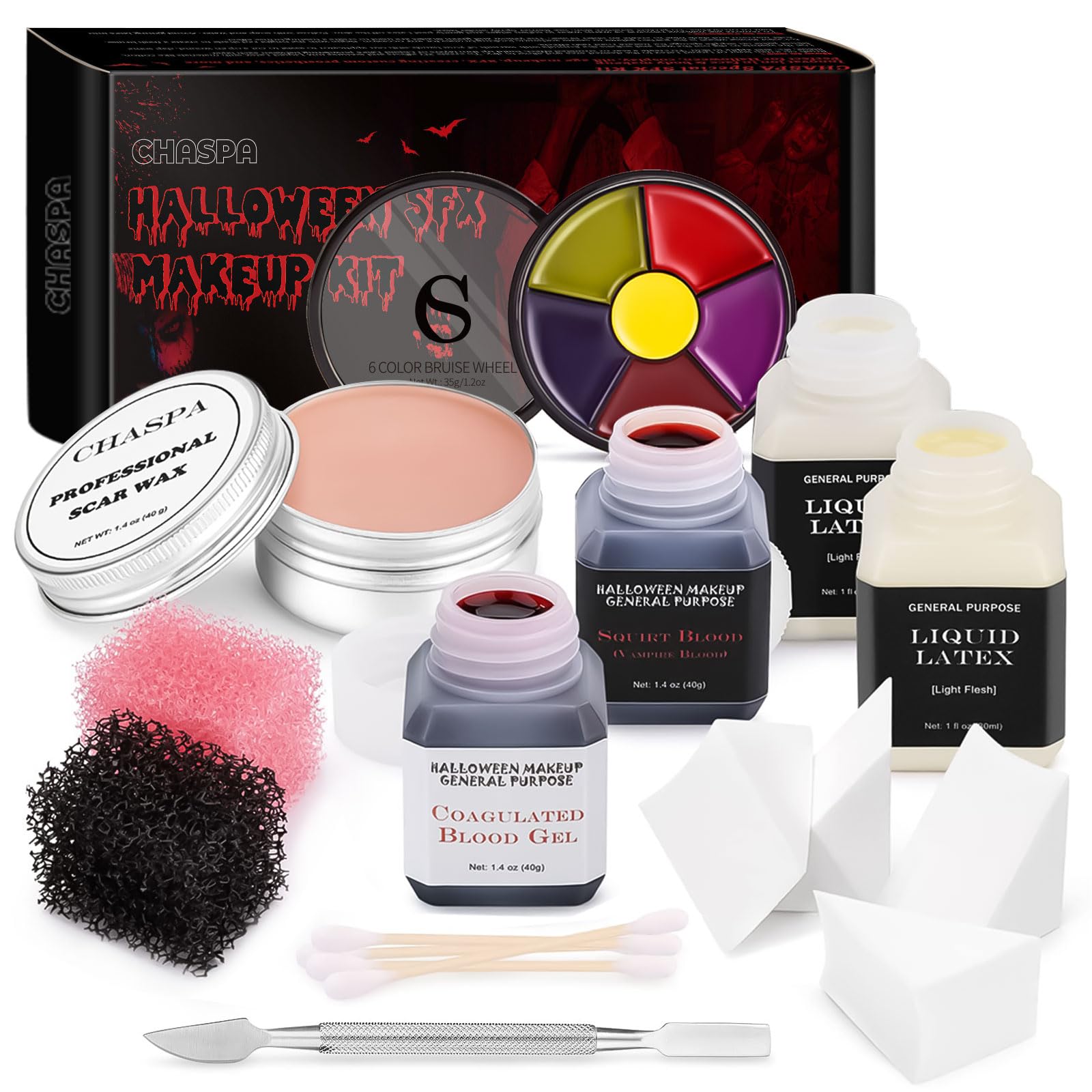 Photo 1 of CHASPA Halloween Liquid Latex Special Effects SFX Makeup Kit - Scar Wax + 2 Btl Liquid Latex + 2 Btl Fake Blood + Spatula Tool + 2Pcs Stipple Sponge + 4Pcs Makeup Sponges + Cotton Swabs