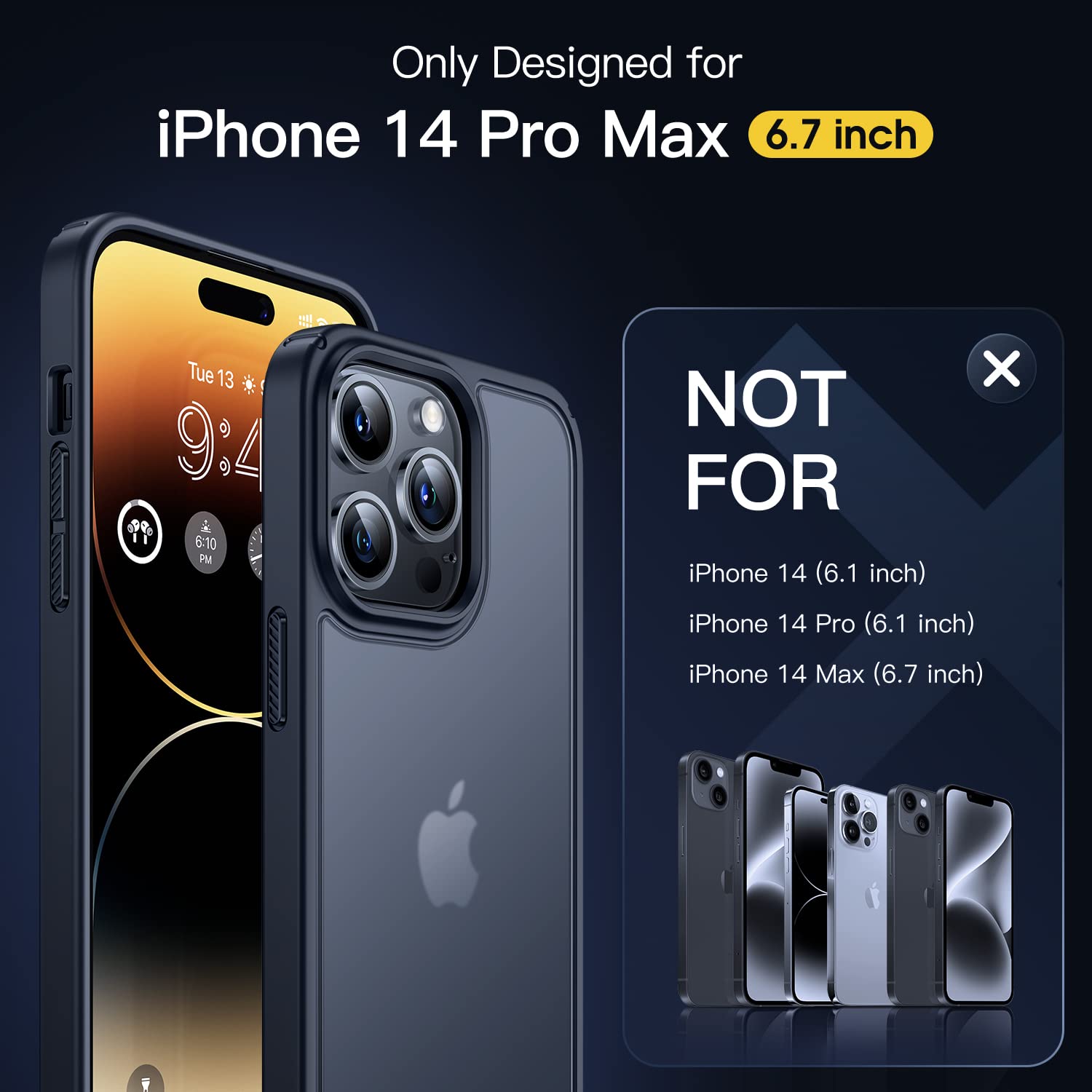 Humixx [5 in 1 Shockproof Designed for iPhone 14 Pro Max Phone Case, [2X Screen Protector + 2X Lens Protector] [Military Drop Protection] Slim Translucent Matte Case 6.7'' Black
