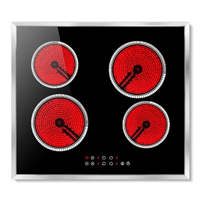 Pladeca 24 Inch Electric Cooktop 4 Burner Electric Stove, 6000W Built in Ceramic Stovetop with Touch Control 24", Timer, Child Lock, 9 Heating Level, 220-240v, Hard Wire(No Plug)