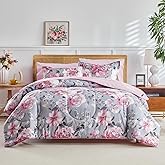 Joyreap Bed in a Bag Queen, 7 Piece Floral Comforter Sheet Set, Tie-dye Pink Flower on Gray, All Season Microfiber Bedding Set- 1 Comforter, 2 Pillow Shams, 1 Flat Sheet, 1 Fitted Sheet, 2 Pillowcases