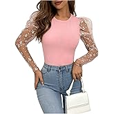 OYOANGLE Women's Floral Embroidery Mesh Puff Long Sleeve Tee Slim Fitted Knit Casual Blouses Tops