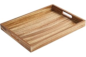 Krismax Wooden Serving Tray with Handles, Rustic Brown Rectangular Serving Platter 15.7x11.4 Inch for Coffee Table, Decorative Storage Tray