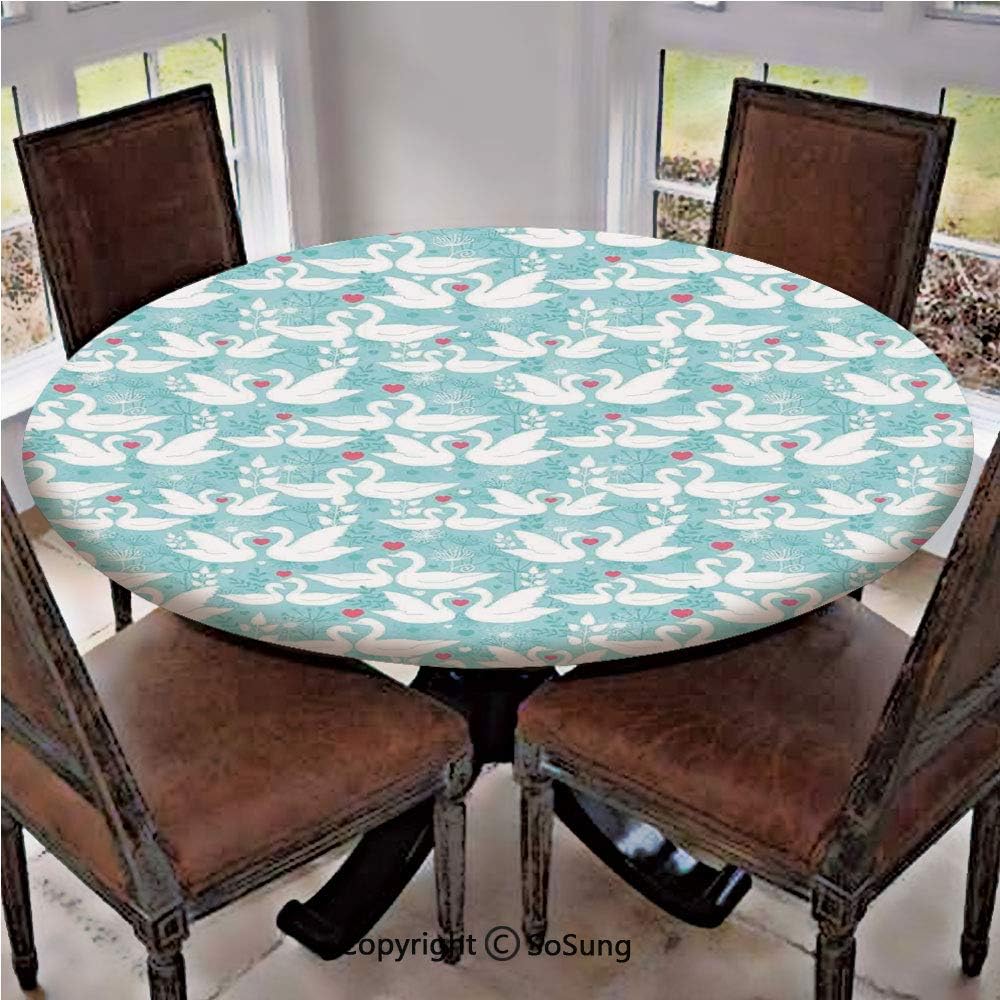 Elastic Edged Polyester Fitted Table Cover,Swans in Love Paisley Floral Romantic Pastel Color with Hearts Leaves Dandelions,Fits up 45"-56" Diameter Tables,The Ultimate Protection for Your Table,Soft