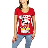 Disney Womens Mickey Mouse Stand V-Neck Tee (US, Alpha, Small, Regular, Regular, Thumbs Up Red)