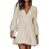 FAIABLE Mini Deep V Sexy Long Sleeve Dress for Women A-line High Waisted Casual Flowy Dress for Cocktail Wedding Guest