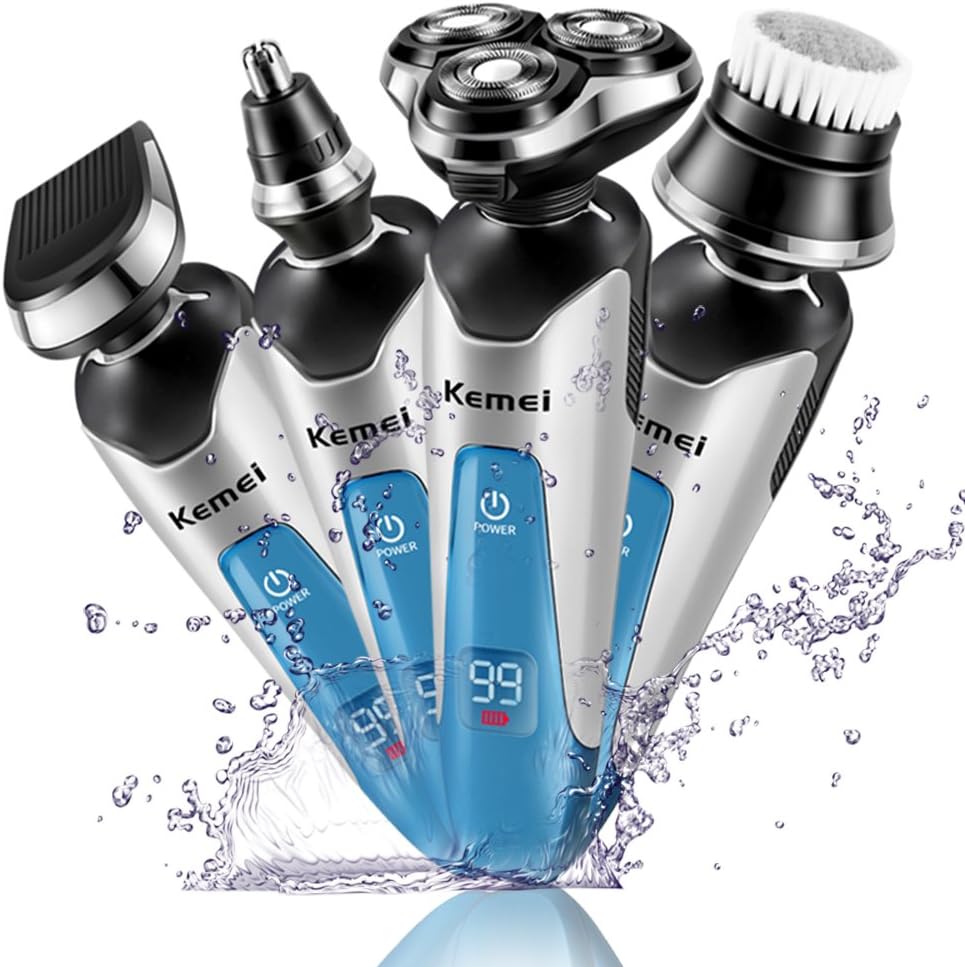 Mens Shaver, 4 in 1 Professional Electric Shaver Razor 4D Floating Rotary Shaver Beard Sideburns Hair Trimmer Nose Ear Hair Trimmer Facial Cleaning Brush Wet Dry Use Waterproof Rechargeable