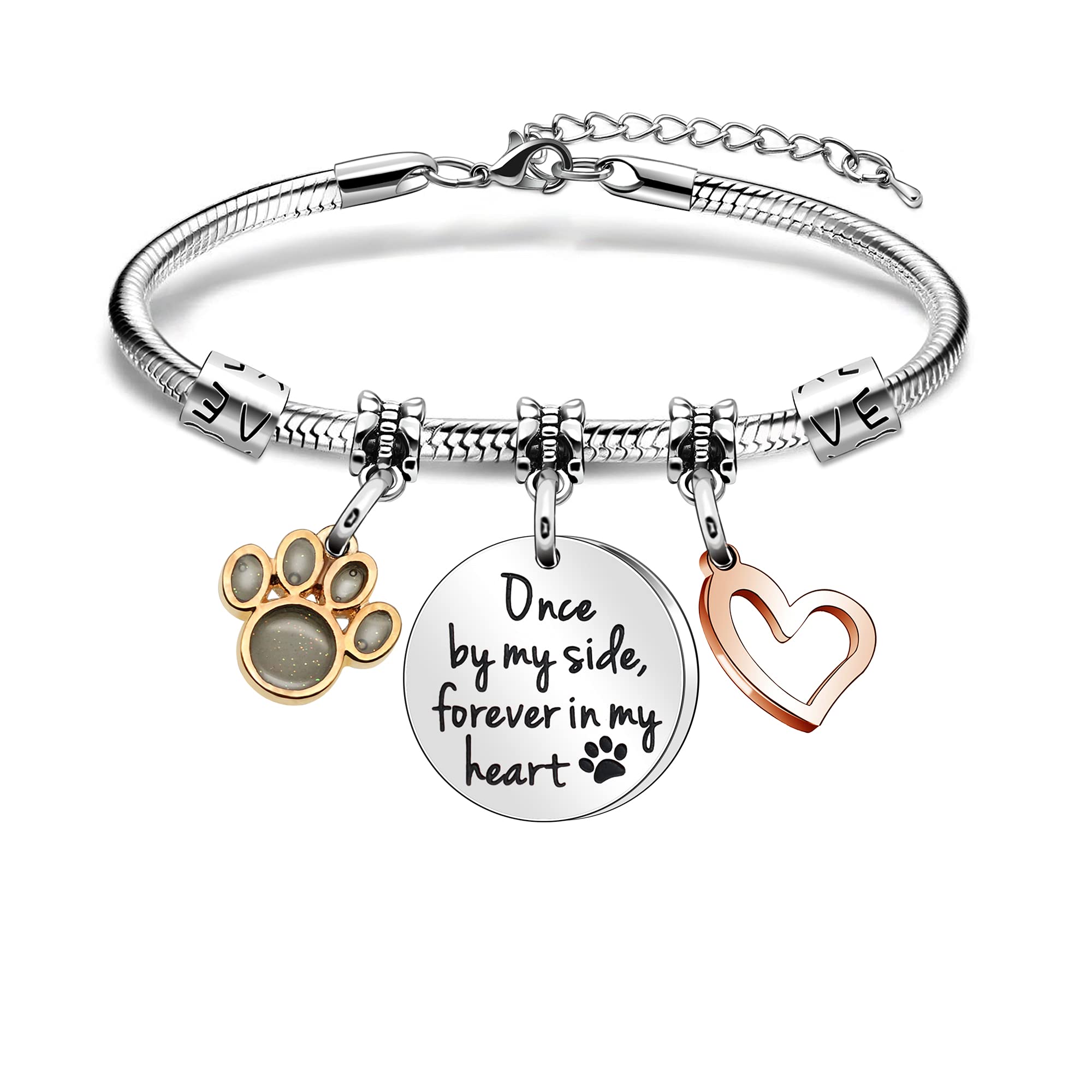 Maxforever Memorial Gifts, Loss of Pet Memorial Bracelet, Once by My Side Forever in My Heart, Memory of Family Pet Dog Cat Charm Bracelet
