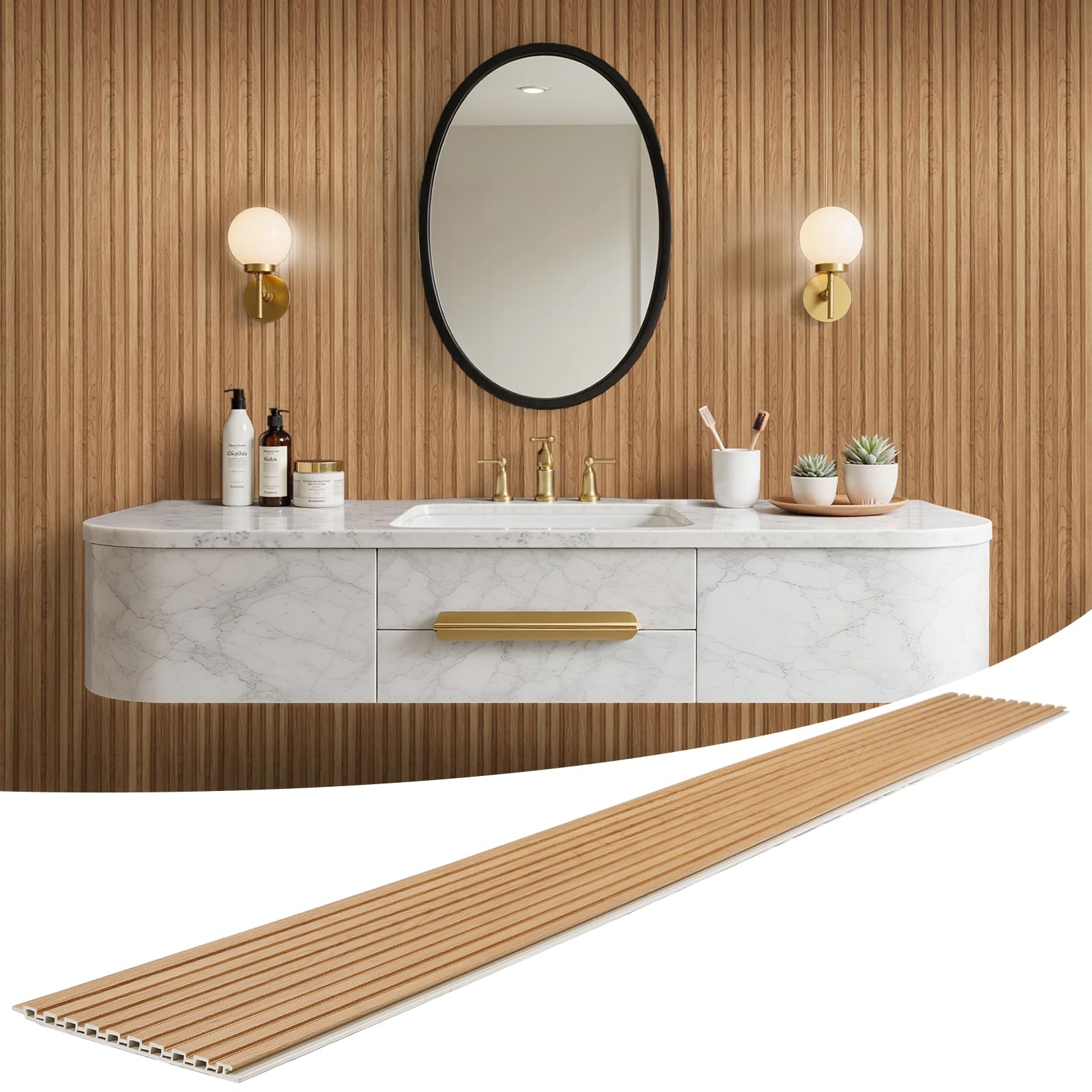 Photo 1 of LARWORKS WPC Slat Wall Panels 8 Pack 96" x 8.2", Waterproof Fluted Wall Paneling, Accent 3D Wall Panel for Wall Decor, Bathroom, Bedroom, Office - Widen Low Grille Elm (Cover Approx.44 sq.ft)