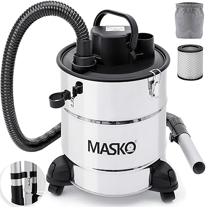 MASKO Aschesauger Kaminsauger 20L Fassungsvermögen Edelstahl Schmutz/Staub/Aschesammler, Geeignet für Ofen, Kamin, Schornstein Feinstaubsauger Aschestaubsauger DUAL Filter System + 1X Sackfilter
