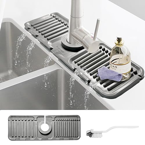 Daily Treasures Silicone Faucet Splash Guard with Brush, 5° Large Slope Sink Splash Guard, (13"x4.7") Sink Splash Guard Mat Kitchen Sink Splash Guard for Bashroom Kitchen Sink (Grew)