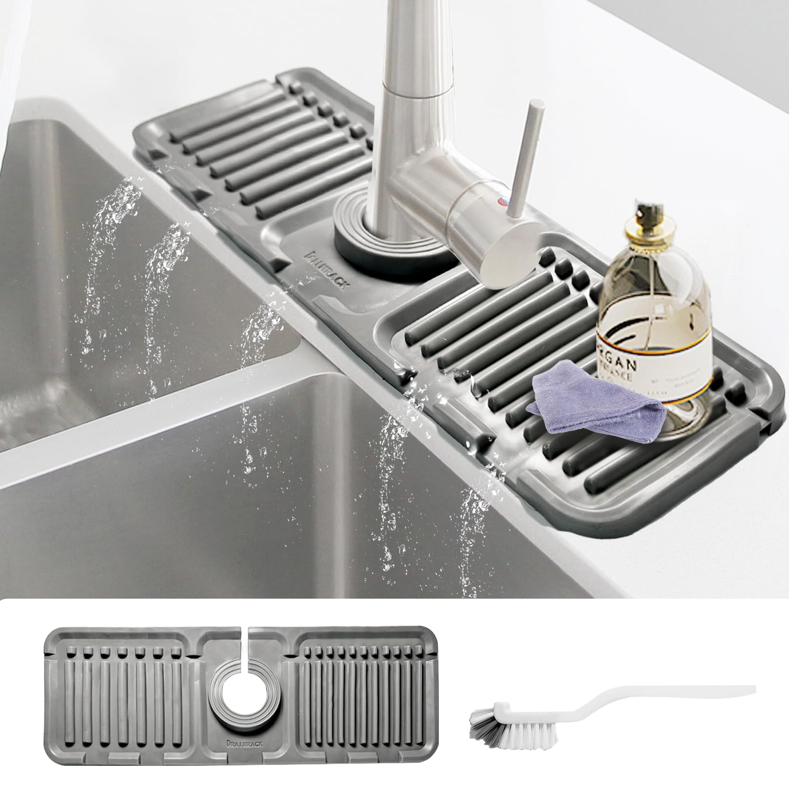 Daily Treasures Silicone Faucet Splash Guard with Brush, 5° Large Slope Sink Splash Guard, (13"x4.7") Sink Splash Guard Mat Kitchen Sink Splash Guard for Bashroom Kitchen Sink (Grew)