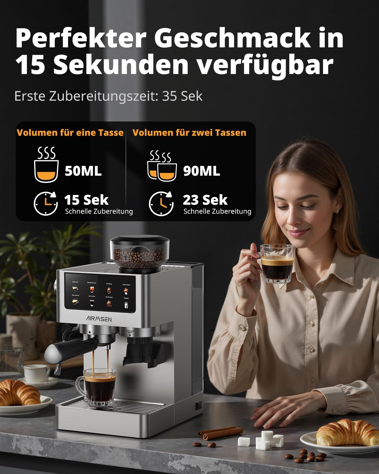 AIRMSEN 20 Bar Siebträgermaschine mit Kegelmahlwerk & Milchschäumer, 1.8L Wassertank, Edelstahl Espressomaschine Kaffeemaschine für Americano, Cappuccino und Latte 5