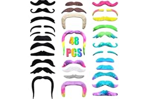 CMAQPW 48 Pieces Fake Mustaches(16design),Colorful Self Adhesive Novelty Moustaches, Fiesta Masquerade Party Supplies Halloween Costume,Suitable for All Ages