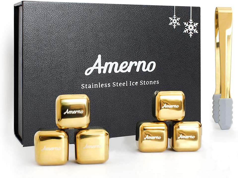 Whiskey Stones Gift Set Gold Color Stylish Luxurious Present 6 Reusable Ice Cubes Golden + Golden Ice Tong + Ice Cube Tray - VIP Business Present - Amerno