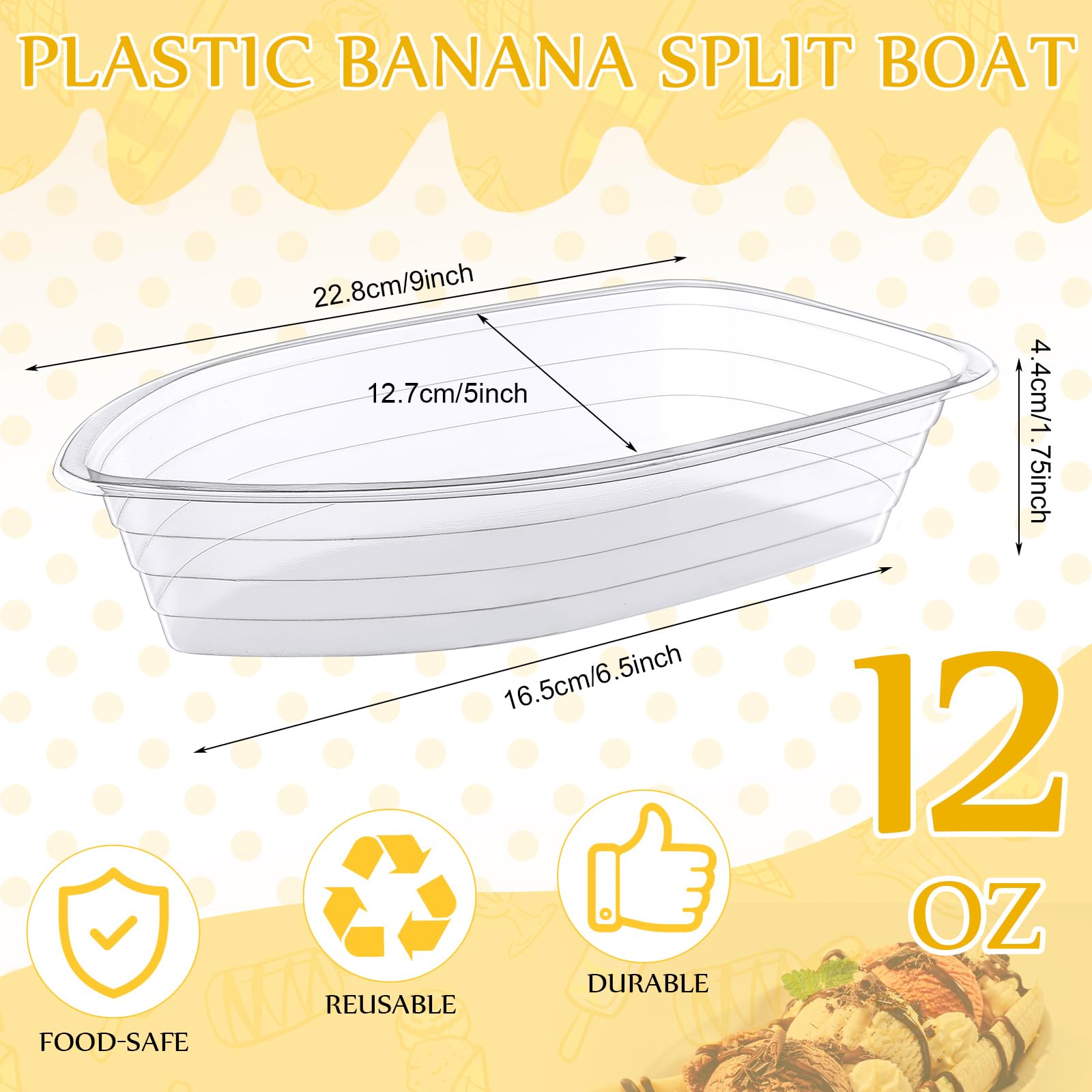 Condition photo showing As Is for rtteri 400 pcs banana split boat plate 12oz disposable ice cream sundae bowls banana split bowls cle