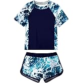 Idgreatim Girls Rashguard Swimsuit 2 Piece Short Sleeve Bathing Suit UPF 50+ Sun Proction Swimwear Size 8-16T