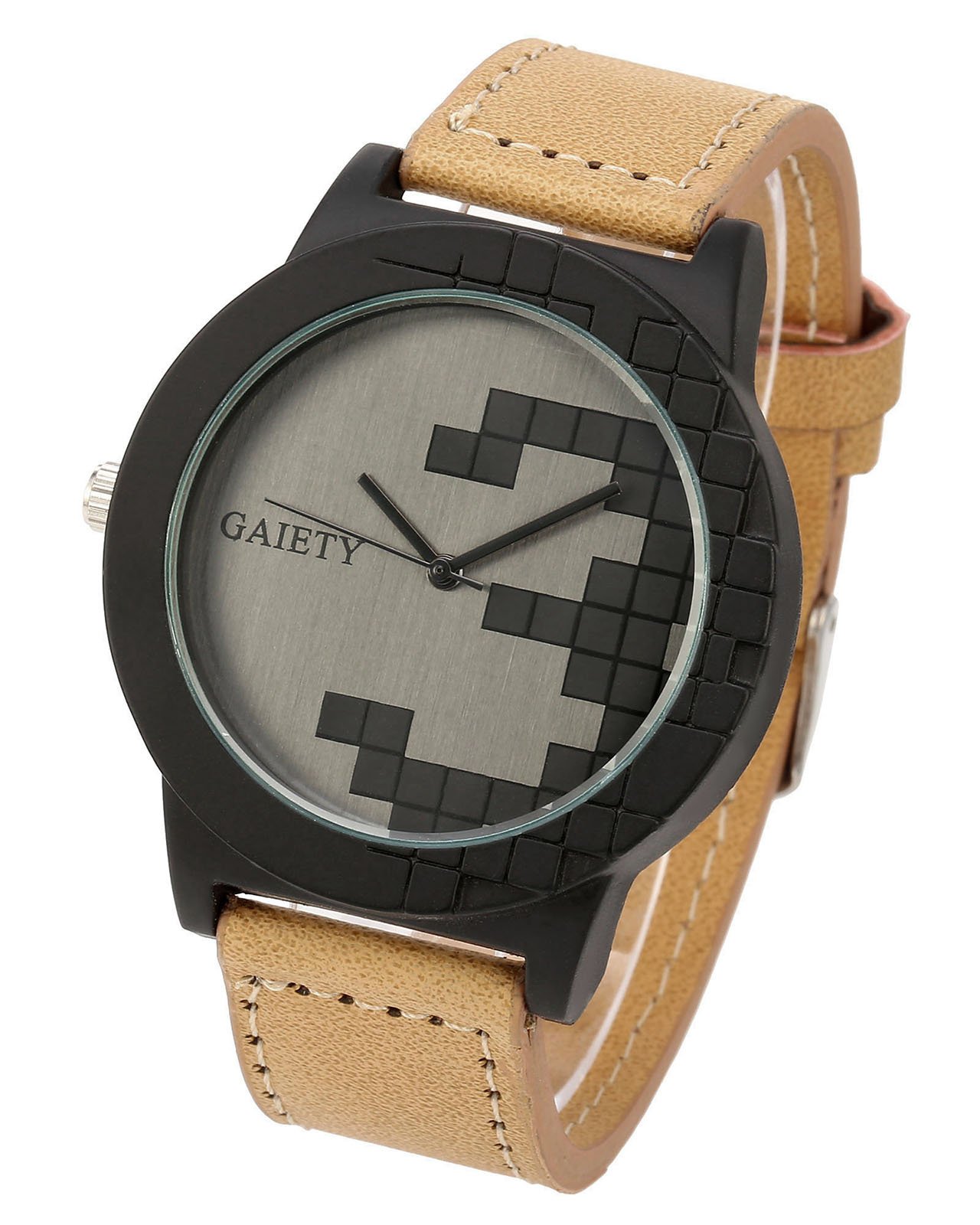 Top Plaza Men\'s 30M Waterproof Beige PU Leather Band Analog Quartz Watch, Left-Handed Crown, Cube Grains Dial