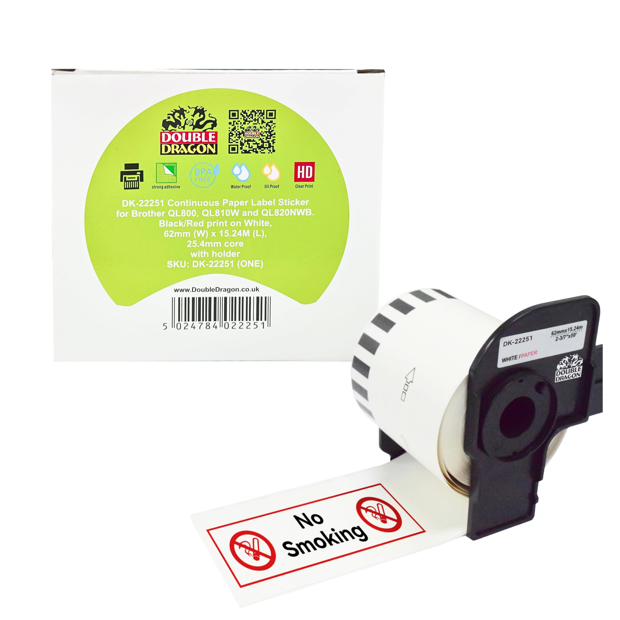Double Dragon DK-22251 Continuous Labels Roll, 62mm(W) x 15.24m(L) | Red & Black Print on White | Compatible with Brother P-Touch QL-800, QL-810W, QL-820NWB | Comes with Holder