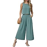 Lepunuo Womens Summer 2 Piece Outfits Sleeveless Crop Top Flowy Wide Leg Pants Matching Sets Vacation Beach Travel Outfits
