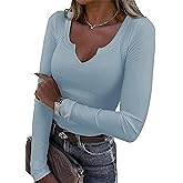 Roselux Women V Neck Ribbed Long Sleeve Shirt Fitted Basic Slim Knit Top
