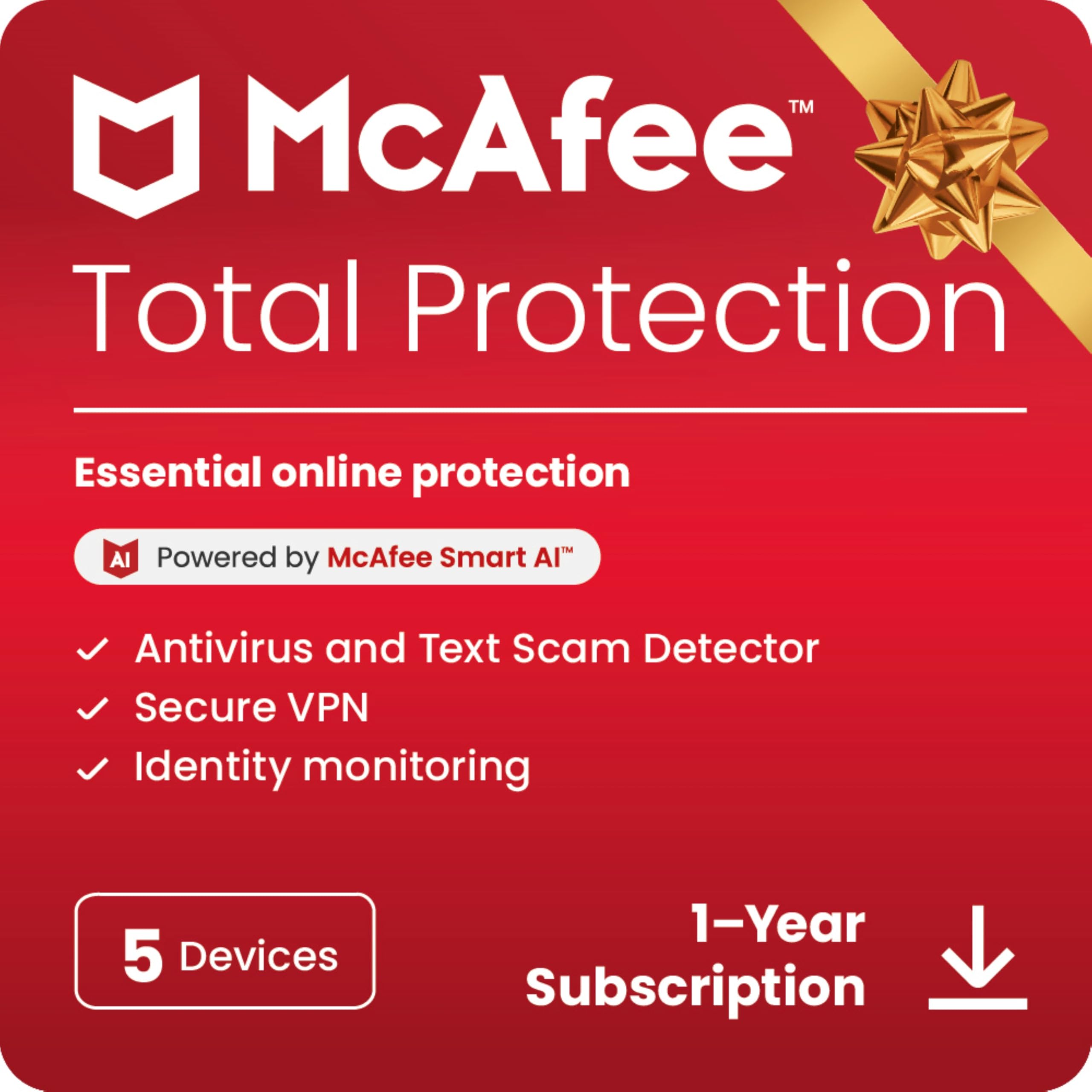 McAfee Total Protection 5-Device | AntiVirus Software 2026 for Windows PC & Mac, AI Scam Detection, VPN, Password Manager, Identity Monitoring | 1-Year Subscription with Auto-Renewal | Download