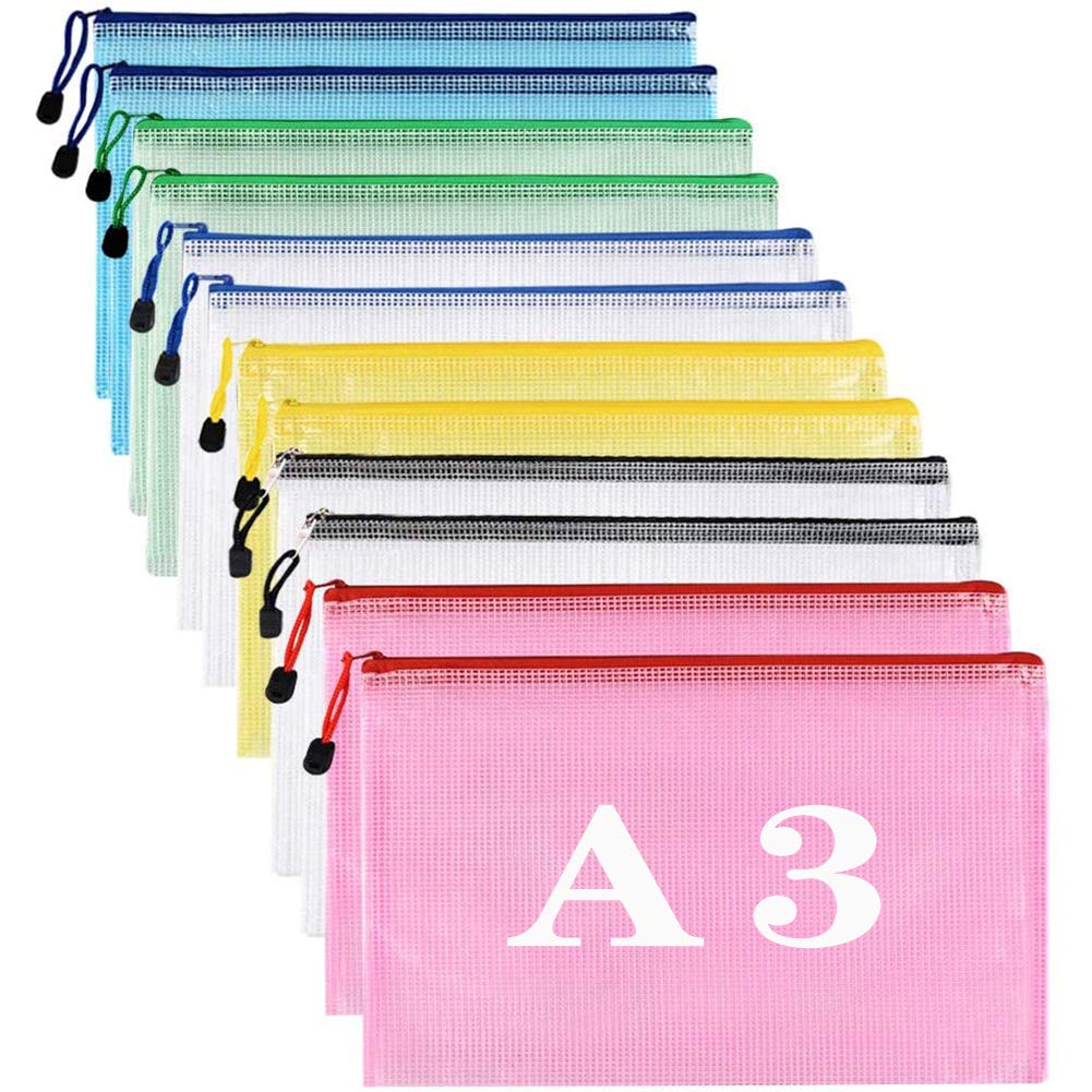 Plastic-Wallets-A3-Folders-Plastic-Folders Plastic Document Bags Zipper Bag Zip Wallet, Pack of 12