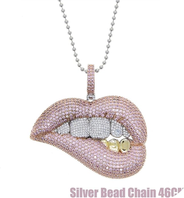 BSbattle Micro Pave Pink Cubic Zirconia Drip Lip Pendant Necklace Iced