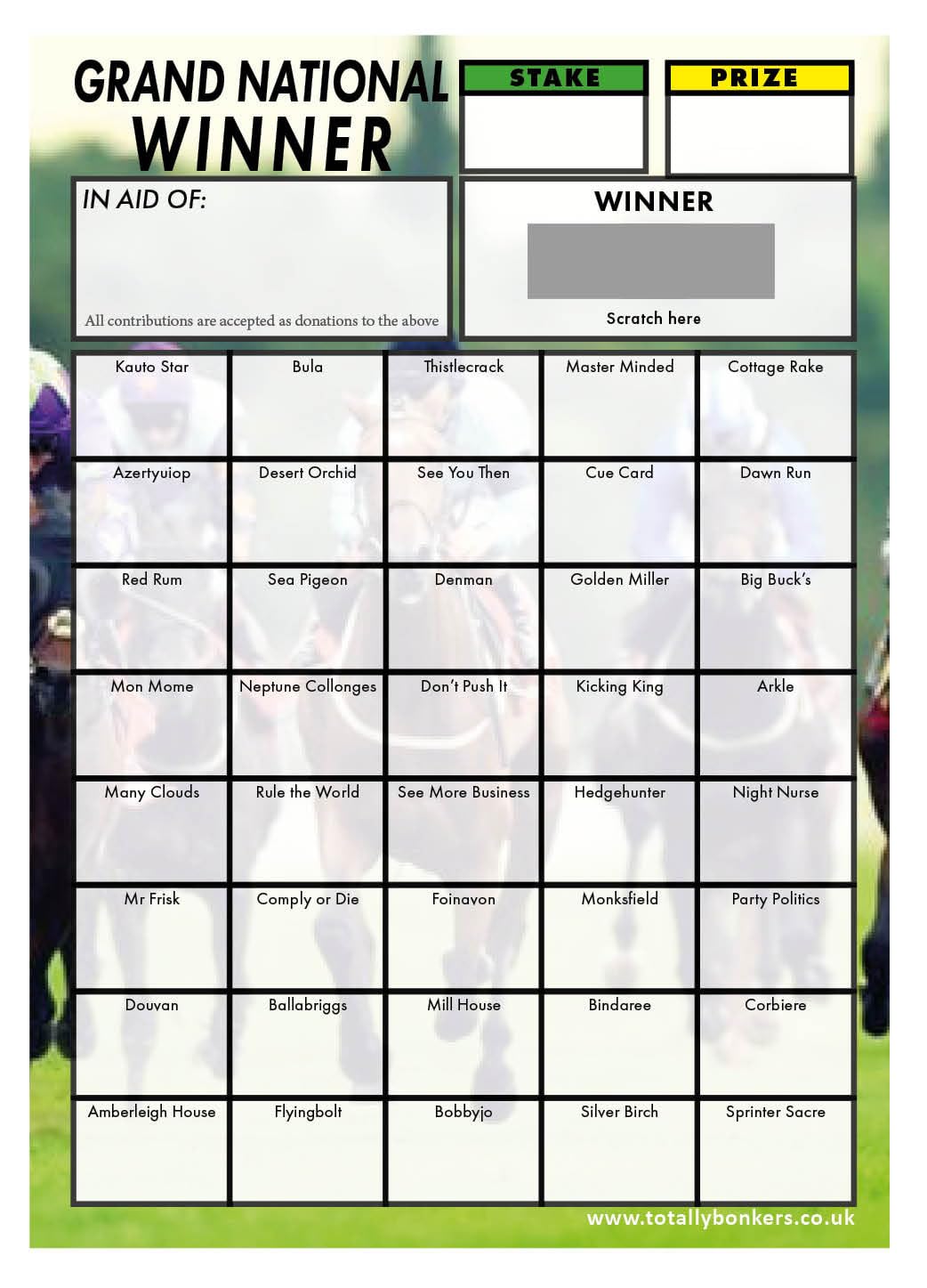 Horse Racing Grand National Fundraising/Charity Scratch Card (40 Horses) - 10 Pack