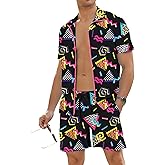 UOUA 80s Outfit for Men 90s Color Block Costumes 2 Piece Retro Short Sleeve Jacket & Shorts Set for Party