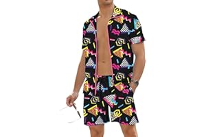 UOUA 80s Costume Outfit for Men 90s Color Block Tracksuit 2 Piece Retro Short Sleeve Jacket & Shorts Set for Party