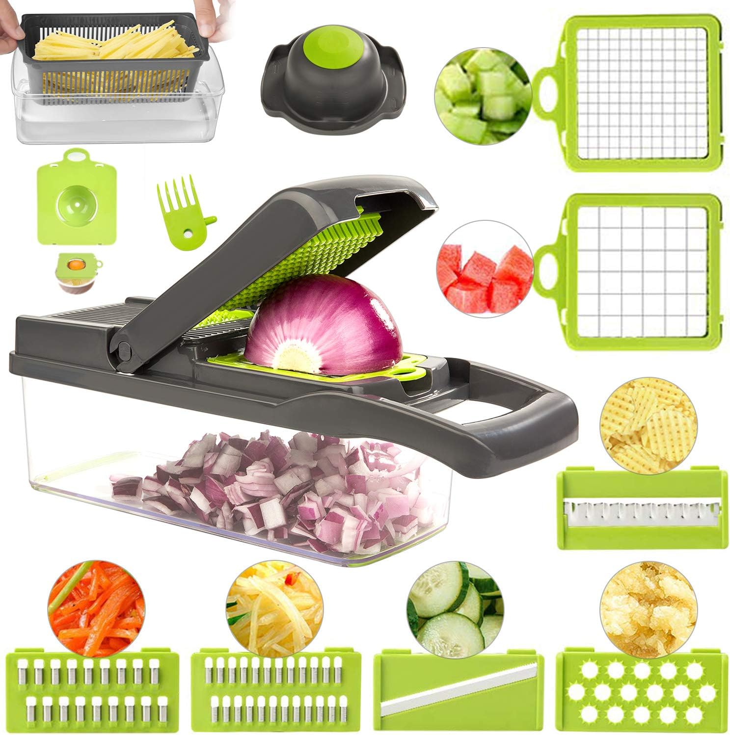 FUKTSYSM Mandoline Slicer - Newest Design Vegetable Chopper, 12 in 1 Mandoline Slicer Adjustable Vegetable Cutter, Vegetable Cutter with Julienne Grater Include Clean Brush and Hand Guard (Black)