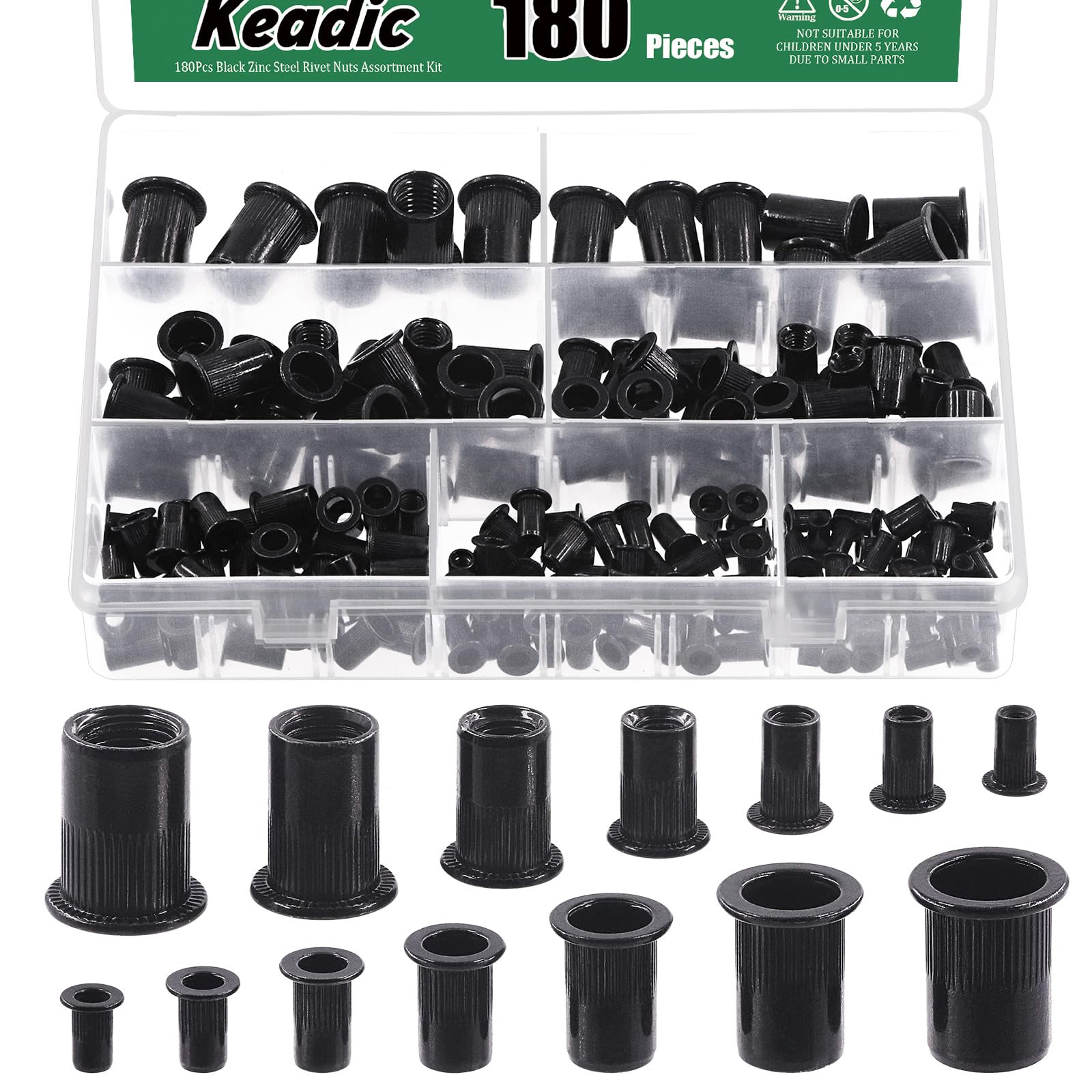 Keadic 180Pcs Carbon Steel Threaded Rivet Nuts Assortment Set M3 M4 M5 M6 M8 M10 M12 Rivnut, Zinc-Plated Black Knurled Flat Head Threaded Insert Nut for Furniture Mechanical Fasteners