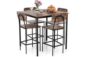 Giantex 5-Piece Dining Table Set W/Counter Height Table & 4 Bar Stools, Industrial Kitchen Dining Set W/Footrest & Backrest, Space-Saving Dinette Set for Pub, Dining Room, Restaurant (Mix Brown)