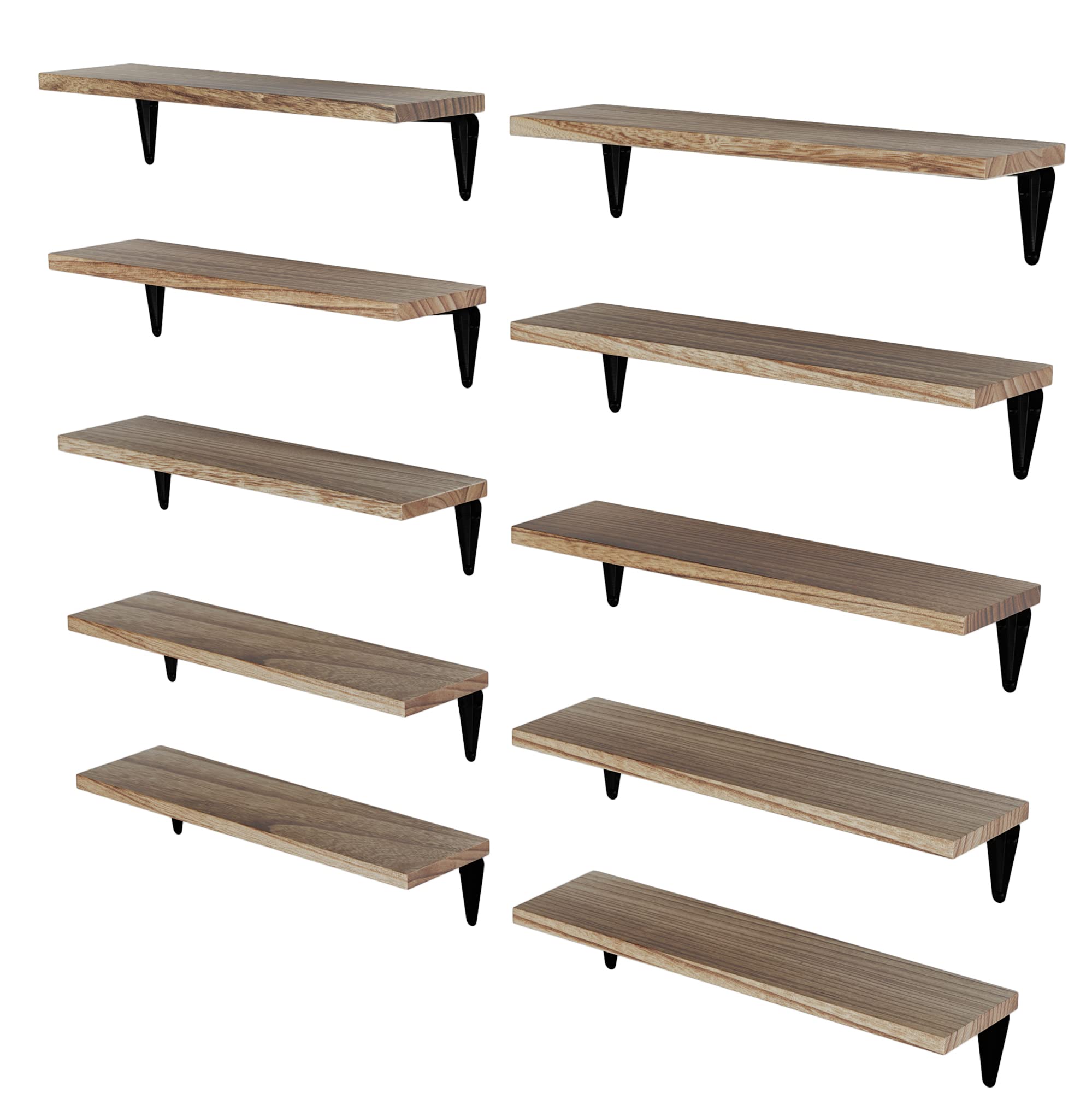 Photo 1 of Wallniture Arras Wood Floating Shelves for Wall Storage, Small Bookshelf Set of 10, Hanging Book Shelves for Living Room, Bedroom, Office, Burned Finish