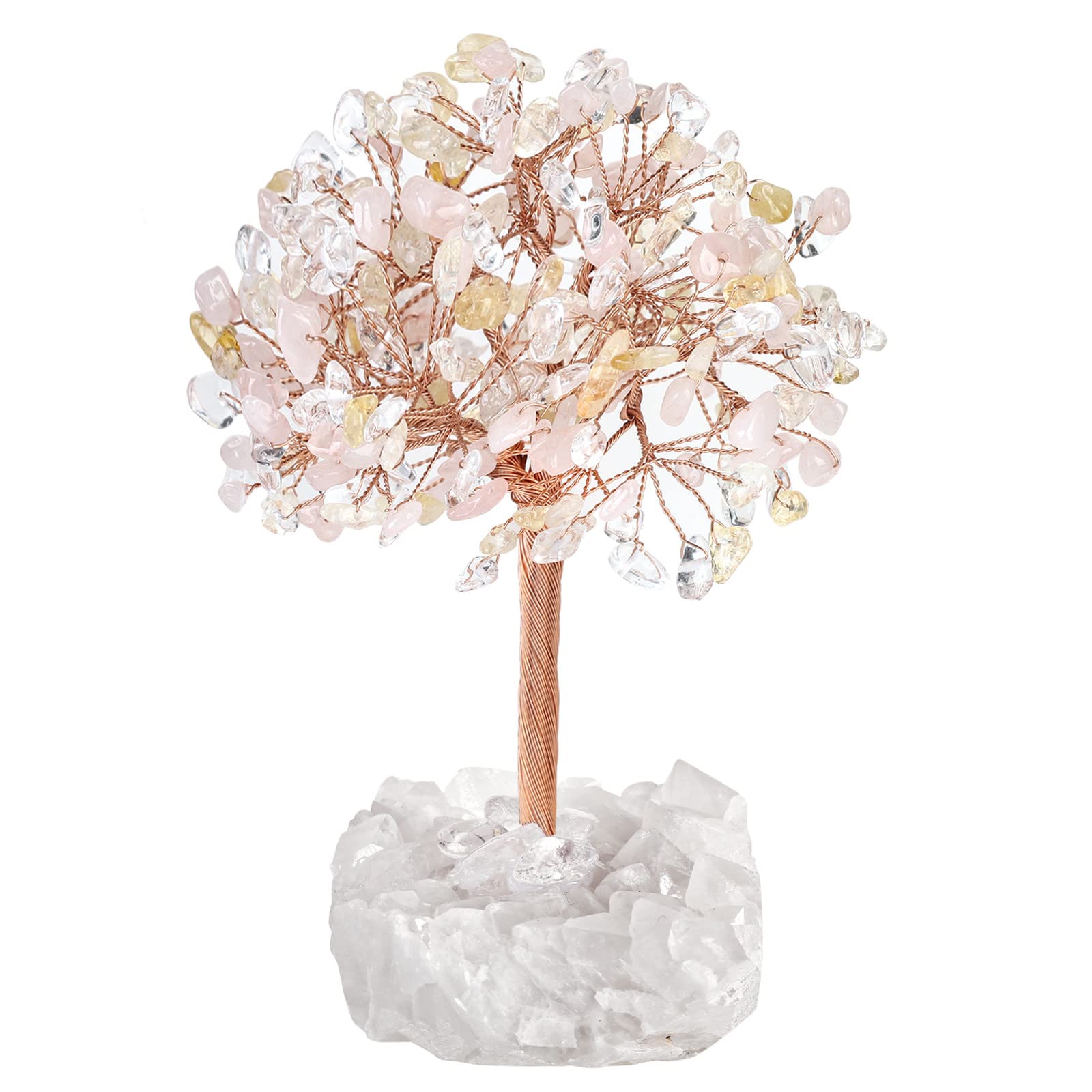 Nupuyai Citrine & Rose Quartz & Rock Crystal Money Tree with Rock Crystal Cluster Base, Good Luck Fengshui Figurine Spiritual Healing Stone Tree Ornament for Home Office Decor