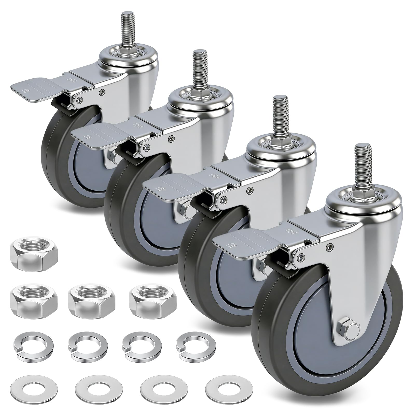 Photo 1 of AAGUT 5 Inch Locking Swivel Casters 1/2"-13 x 1.5 Threaded Stem Wheels with Brake Grey TPR Rubber Wheel Set of 4