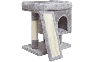 SYANDLVY Small Cat Tree for Indoor Cats, Cat Tower with Scratching Post, Modern Activity House for Large Cats, Condo with Board, Kittens Cave (Light Grey)