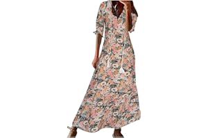 MaMiDay Maxi Dress for Women Half Sleeve Casual V Neck Drawstring Ruffle Collar Dresses 2024 Lightweight Floral Boho Sundress