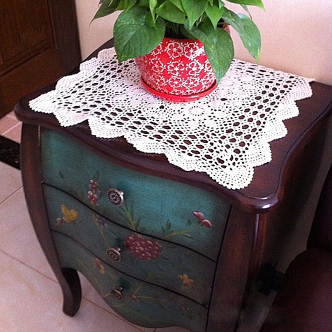 Hsvanyr White Nightstand Cover Handmade Crochet Lace Table Cloth Doilies Dining Room Mats Table Dresser Scarf Décor,15inches(40cm)
